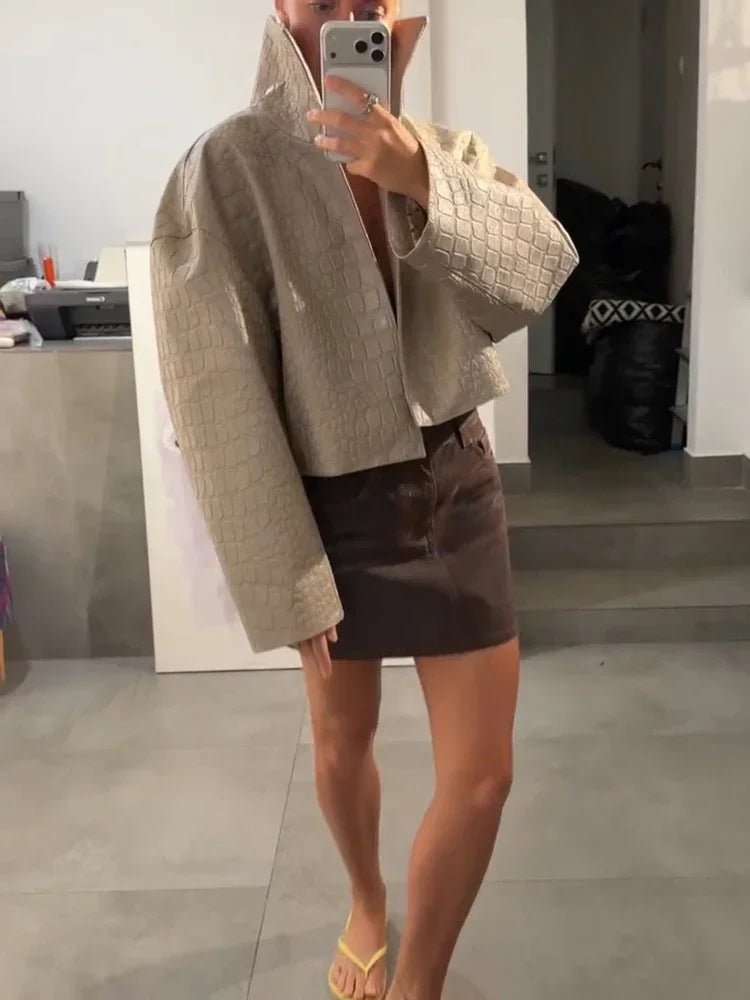 Women Cropped Faux Croc Leather Jacket Loose Solid Fashion Stand Collar Outerwear 2026 Autumn Street Winter Casual Party Coats