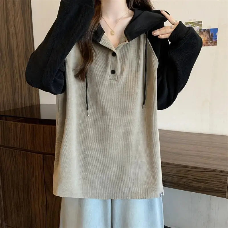 Women Clothing Fashion Casual Long Sleeve Hoodies Spring Autumn Loose Lazy Style Top Tee Office Lady Button Patchwork Pullover