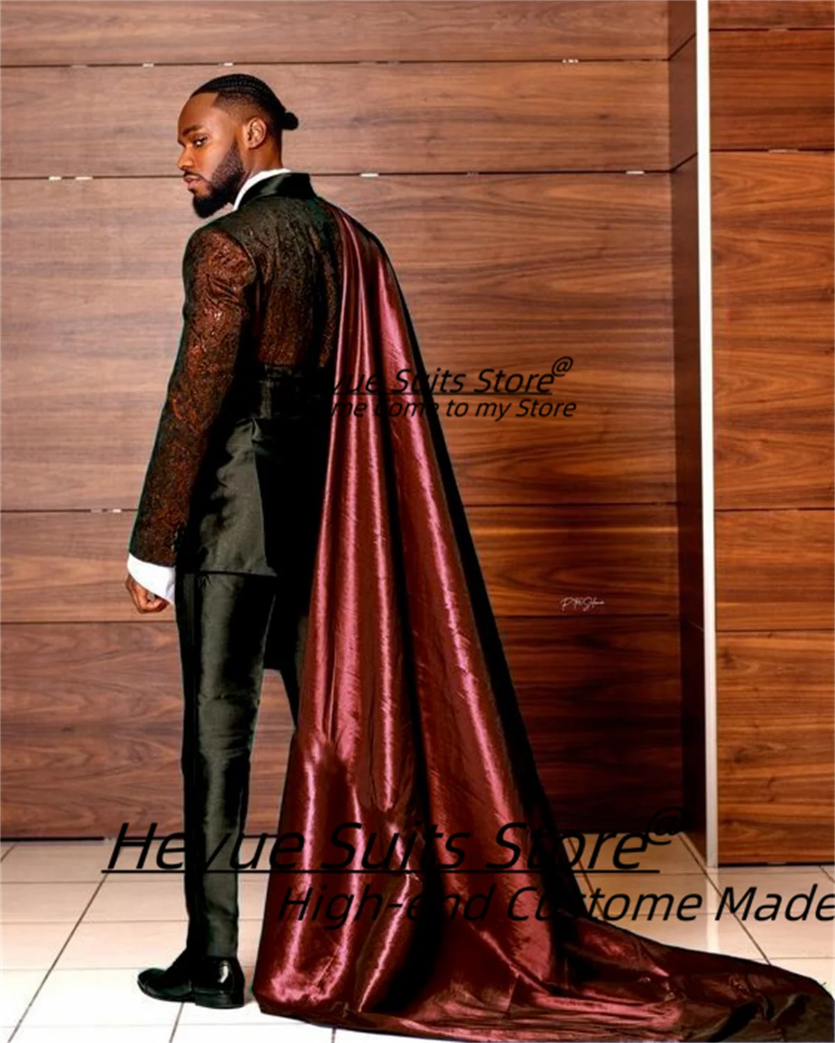 Customized Black Jacquard Shawl Lapel Jacket Pant Cape Groom Wedding Tuxedos Luxuly Male Prom Party Blazers Handsome Ropa Hombre