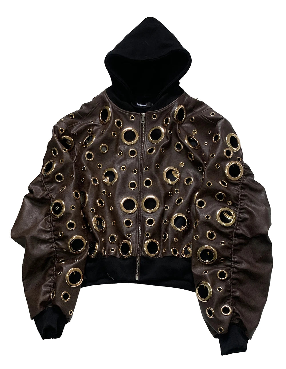 Nerazzurri Autumn Oversized Hollow Out Gold Pu Leather Jacket Men with Hood Hole Luxury Fake 2 Pieces Emo Menswear Clothing 2025