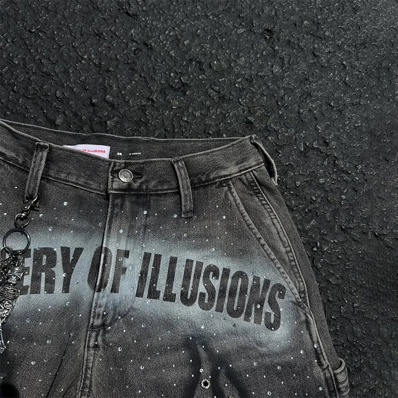 Y2K Fashion Distressed Jeans Retro Rhinestone Flame Pattern Printing Casual Washed Denim Shorts Men Women High Waist Streetwear