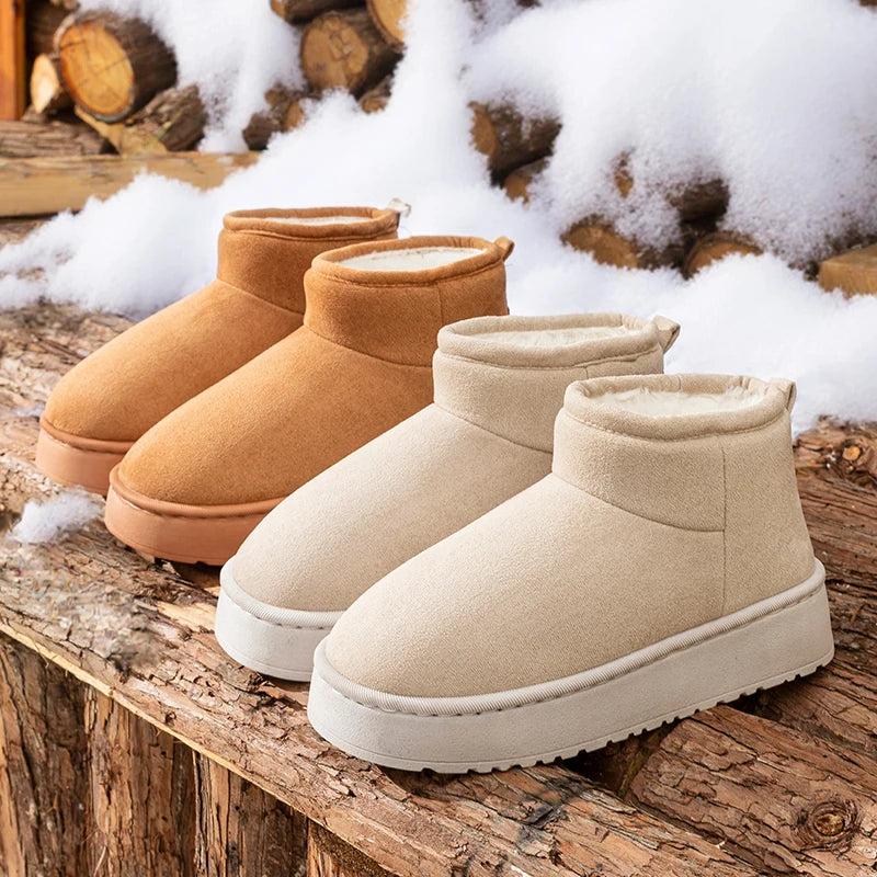 Faux Suede Thick Bottom Snow Boots Women 2025 Trend Warm Thicken Plush Cotton Shoes Woman Slip On Non Slip Winter Ankle Boots