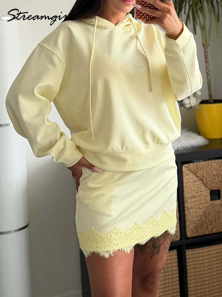 Streamgirl Brown Hoodies With Lace Women Oversize Plain Spring Elegant Butter Yellow Hooded Sweatshirts For Women Oversized