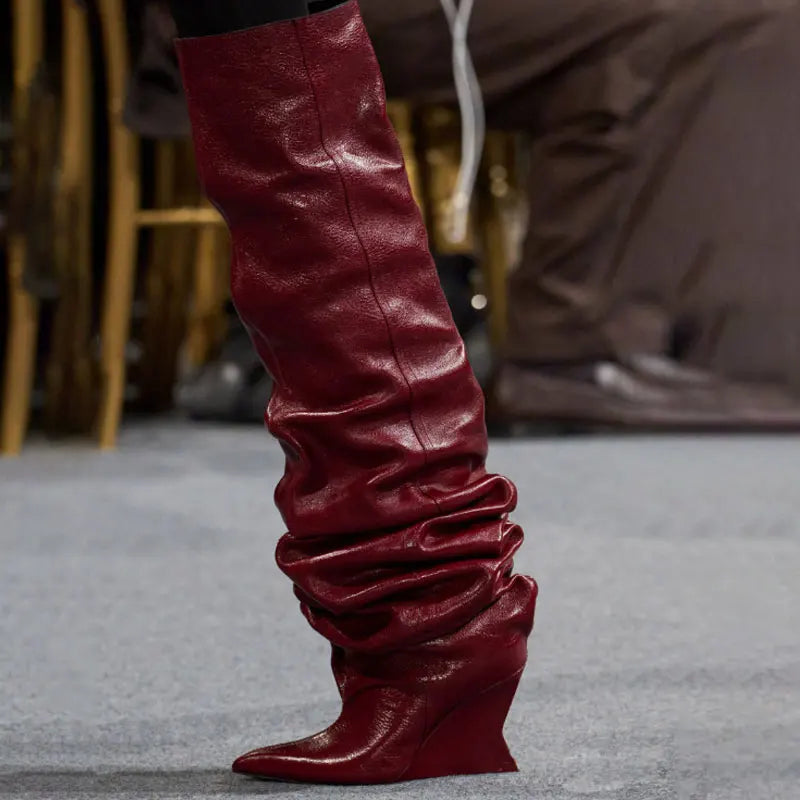 Women's Fashion Pointed Thick Soled Pleated Short Boots, Autumn and Winter Thick Heeled Long Boots, Sexy Runway Women's Boots