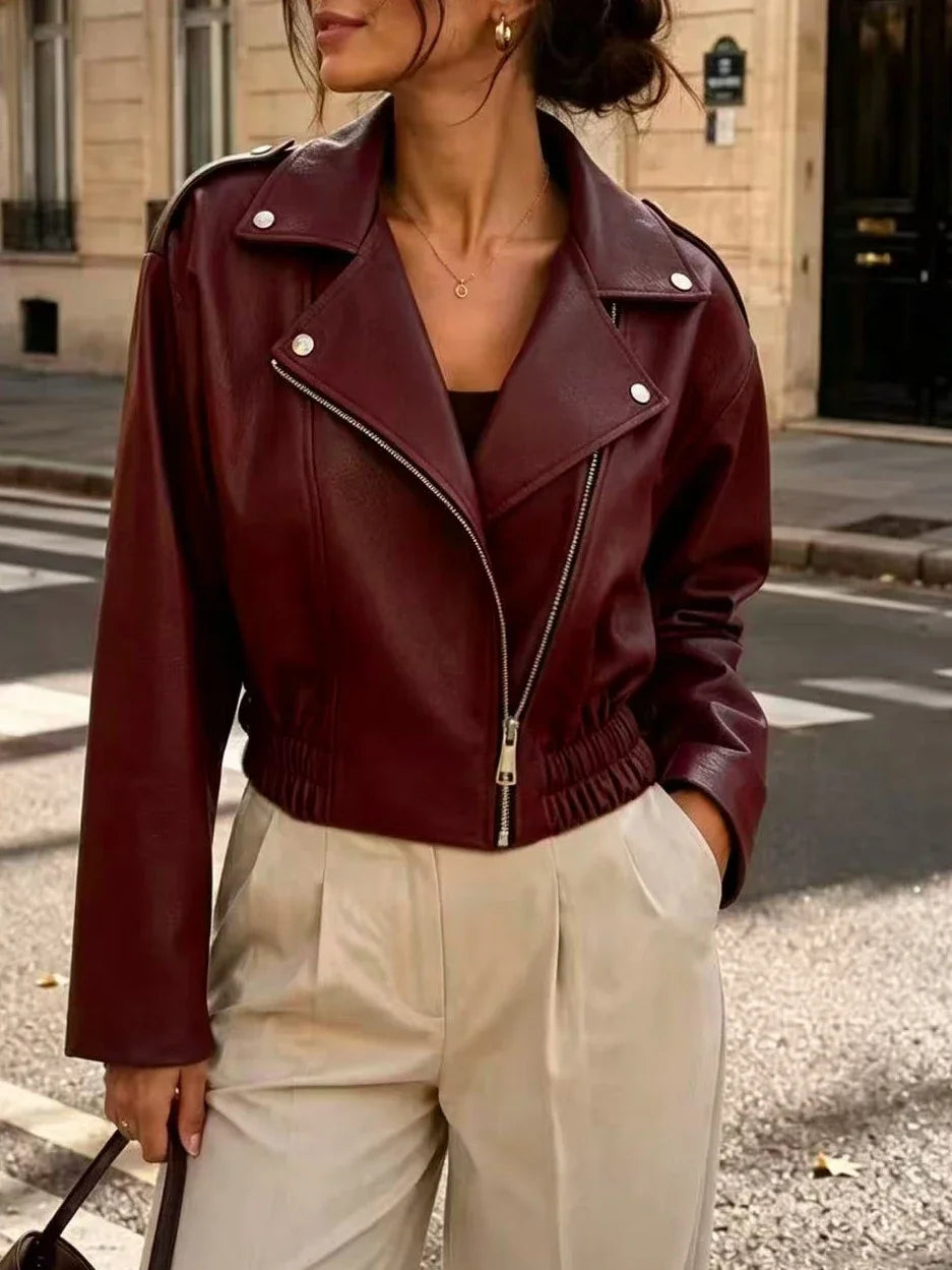 Women Cropped Faux Leather Moto Jacket Long Sleeve Oblique Zipper Biker Coat