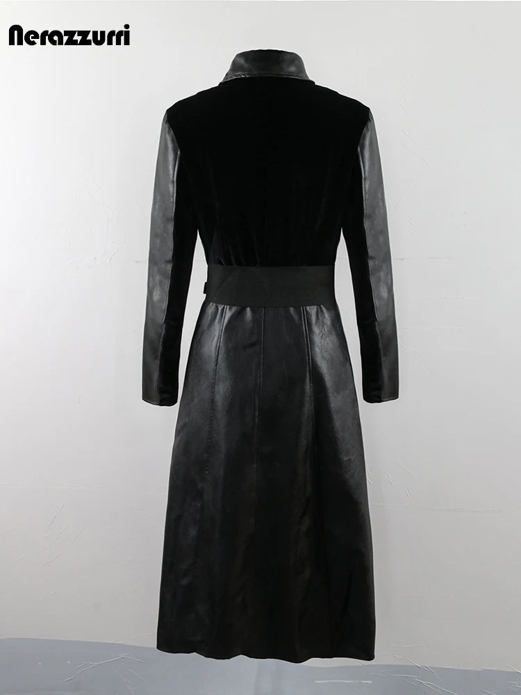 Nerazzurri Spring Autumn Long Black Stretchy Velvet Patchwork Pu Leather Coat Women with Double Belt Luxury Designer Clothes