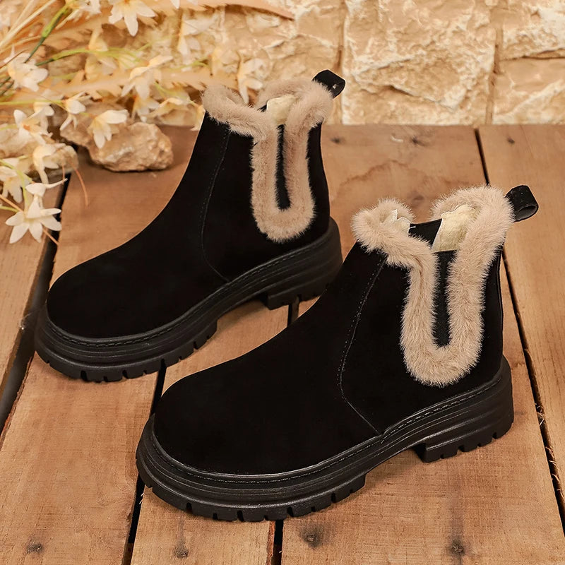 Thick Sole Fur Winter Ankle Boots Women 2026 Slip On Non Slip Plush Short Booties Mujer Plus Size 43 Platform Suede Boots Female