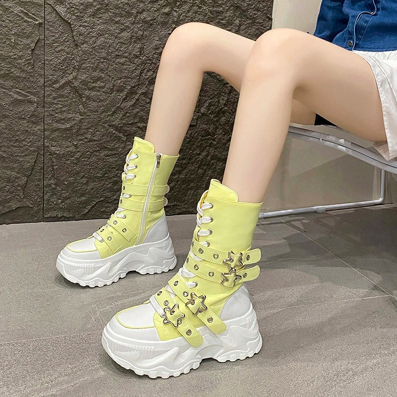 New Rock Platform Y2K Boots Women Summer 2026 Gothic Metal Star Belt Buckle Thick Sole Mid Calf Boots Woman Designer Punk Shoes