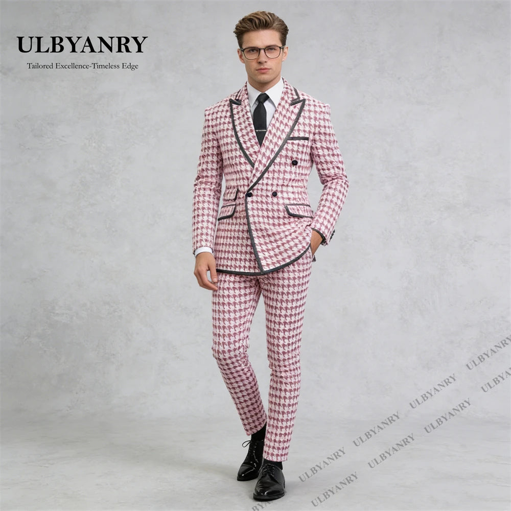 ULBYANRY Men’s Houndstooth Double Breasted Black Trim Suit Set for Wedding Party Celebration Slim Fit Jacket Pants Set for Date
