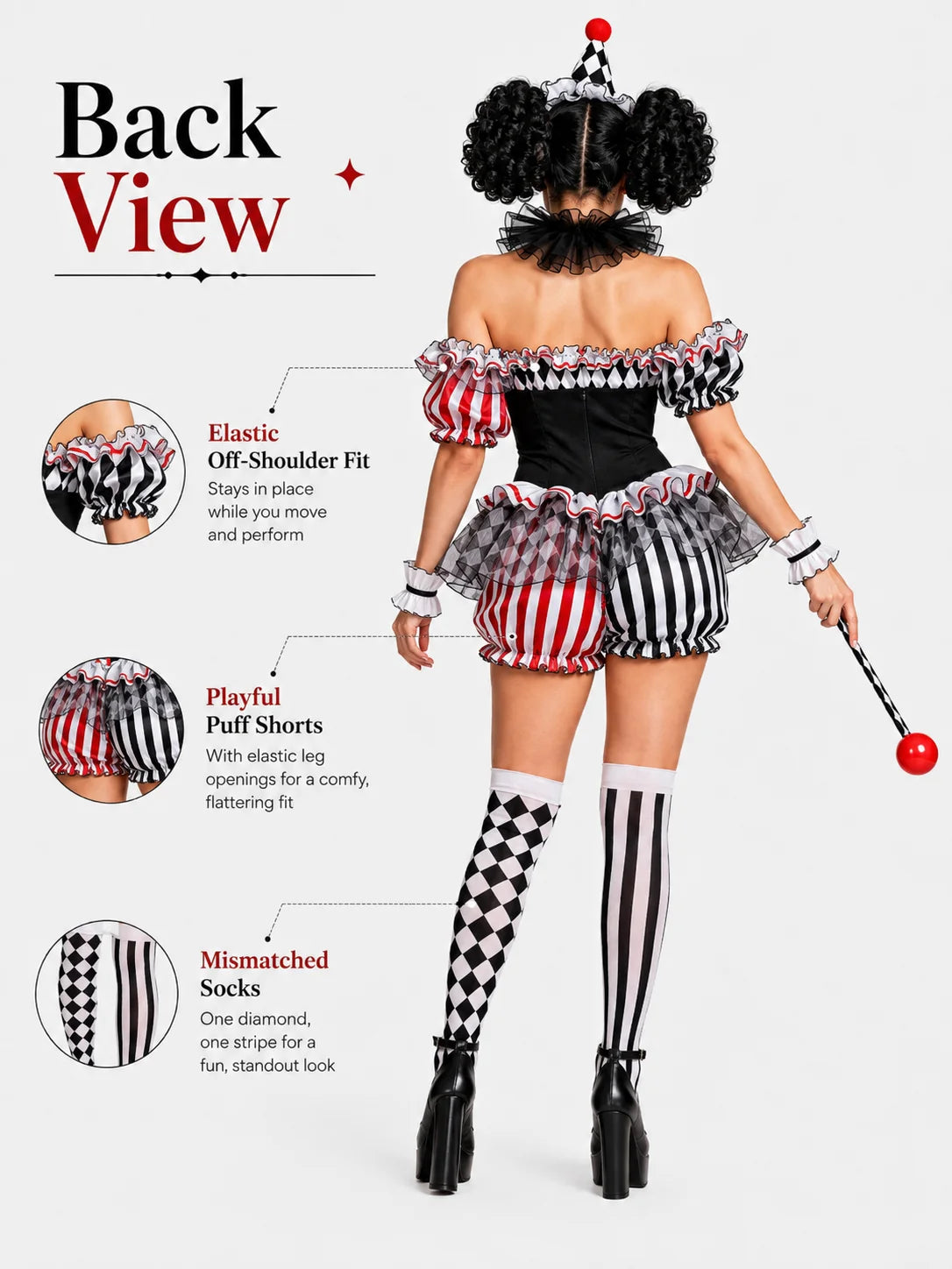 Women's Halloween Evil Clown Costume Sexy Circus Cosplay Off Shoulder Diamond Pattern Ruffled Bloomer Outfit with Hat Mesh Collar Wrist Cuffs Fancy Dress