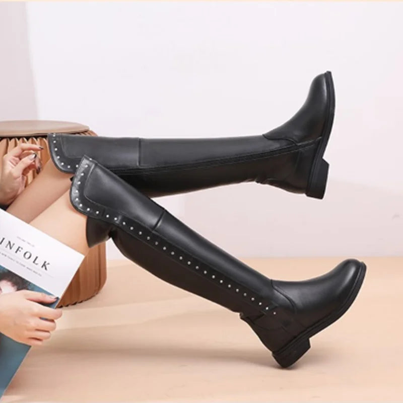 Women Over The Knee Boots Winter Natural Wool Warm Genuine Leather Ladies Knee Boots Large Size Non-slip Snow Boots Women