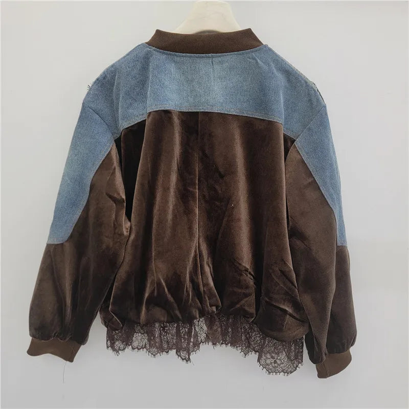 Spring New Fashion Stitched Lace Loose Velvet Denim Jacket Trendy Personality Street Casual Versatile Baseball Jackets Women