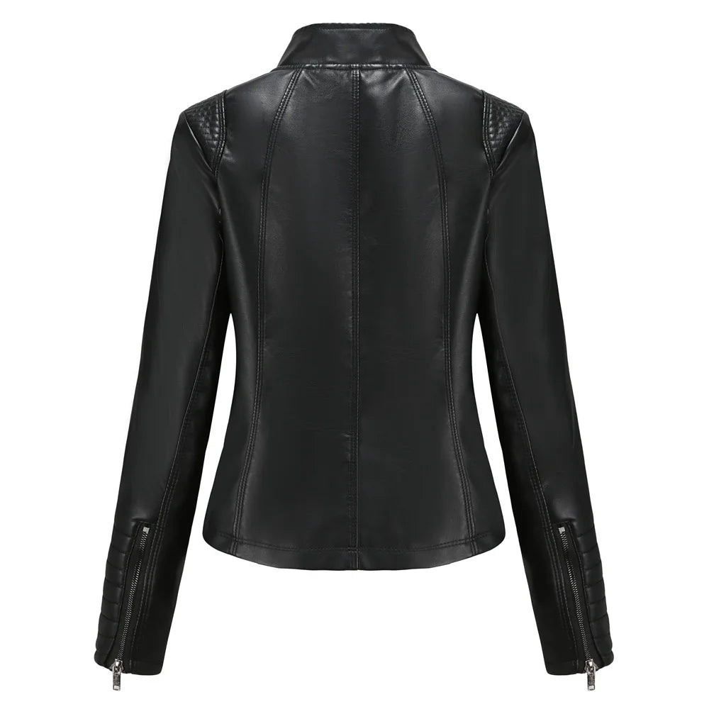 2026 New Women's Slim Leather Jacket, Stand-up Collar, Zipper Stitching, Monochromatic PU Coat, Fashion Clothing.