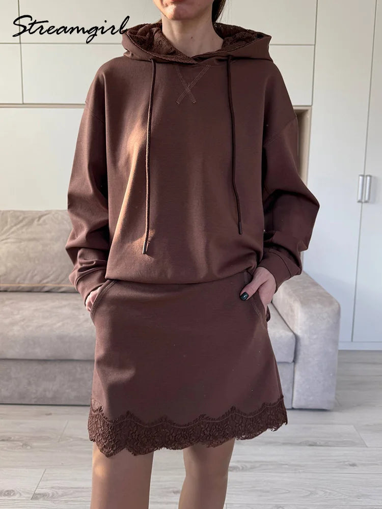 Streamgirl Brown Hoodies With Lace Women Oversize Plain Spring Elegant Butter Yellow Hooded Sweatshirts For Women Oversized