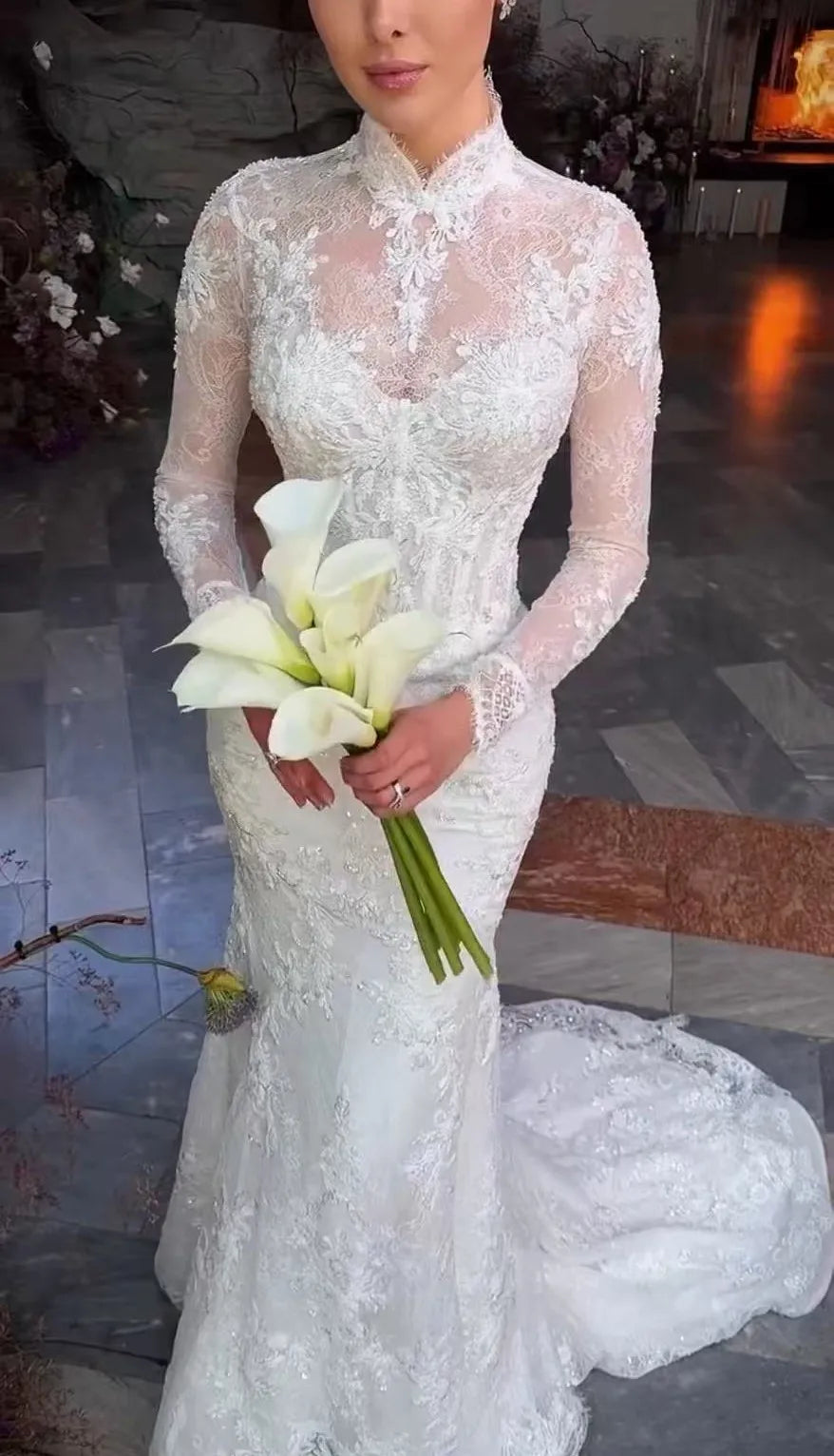 Luxury Lace applique Mermaid Wedding Dresses For Woman Long sleeves Bride Dress Detachable Train High Neck Vestidos De Novias