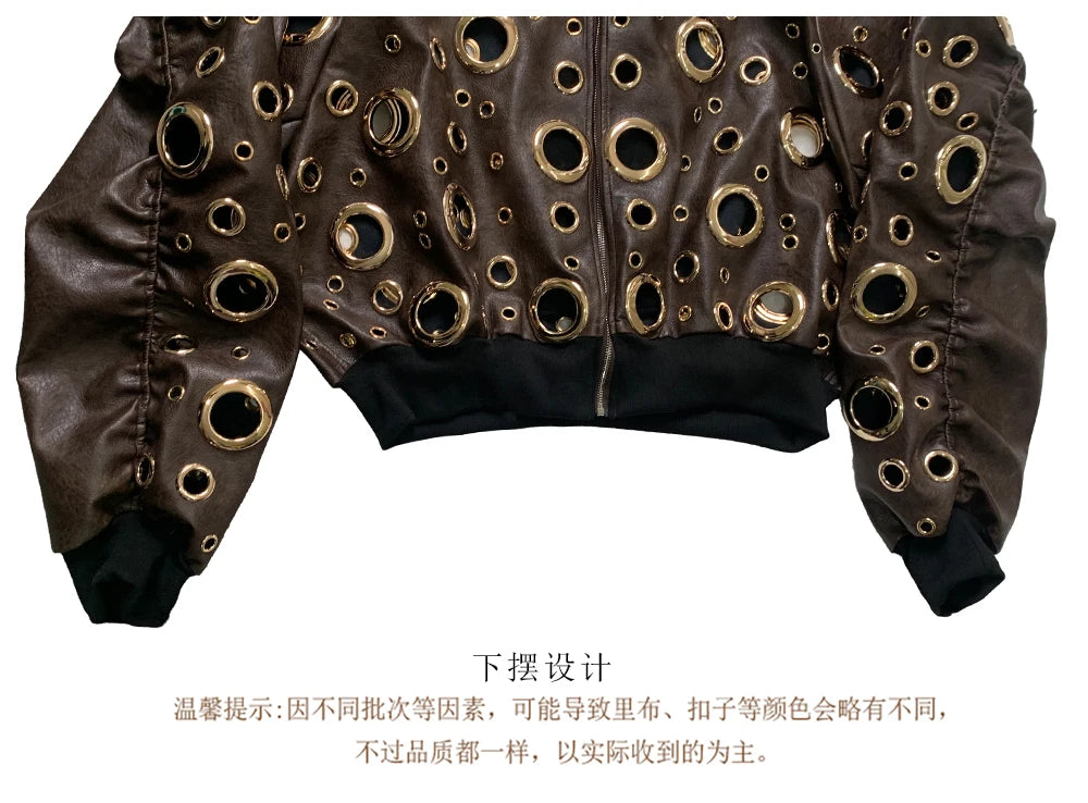 Nerazzurri Autumn Oversized Hollow Out Gold Pu Leather Jacket Men with Hood Hole Luxury Fake 2 Pieces Emo Menswear Clothing 2025