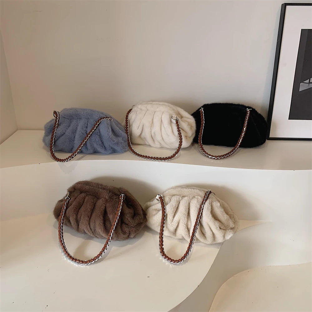 MOODS Pleated Design Faux Fur Shoulder Bags For Women 2024 Luxury Designer Purses And Handbags Winter Warm Soft Plush Hobo Bags