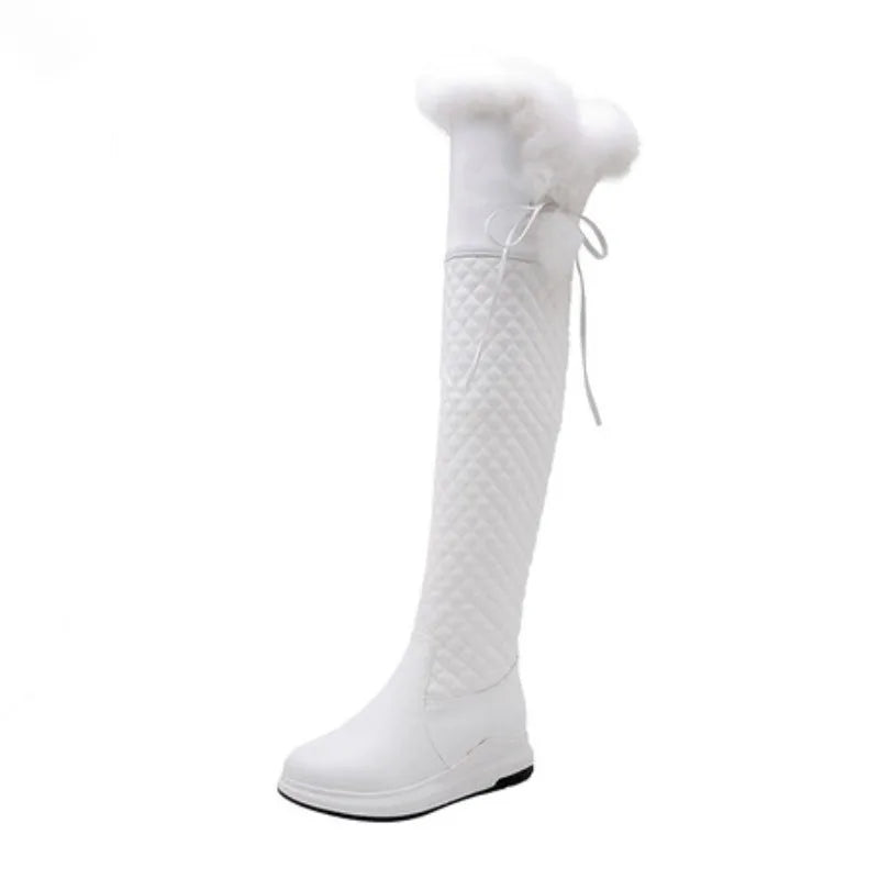 Women's Winter High Snow Boots Warm Fur Plush Black White Over the Knee High Boot Ladies Casual Wedge Heels Rain Shoe Waterproof