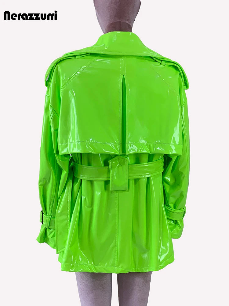 Nerazzurri Spring Autumn Oversized Thin Shiny Reflective Patent Leather Trench Coat for Women Double Breasted European Fashion