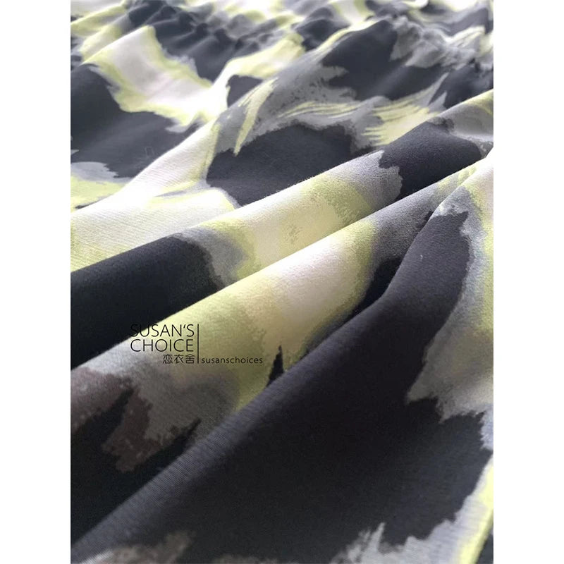 Faionable adient Print Silk Blend Dr with Dstring V-Ne ort Sweet Sle Long Sve round Ne Gown for Women