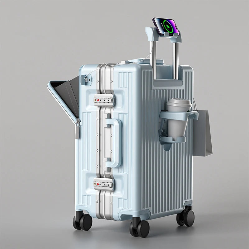 Front-opening Luggage with 24-inch Multi-functional Cup Holder Portable 20-inch Carry-on Suitcase 26-inch Large Capacity