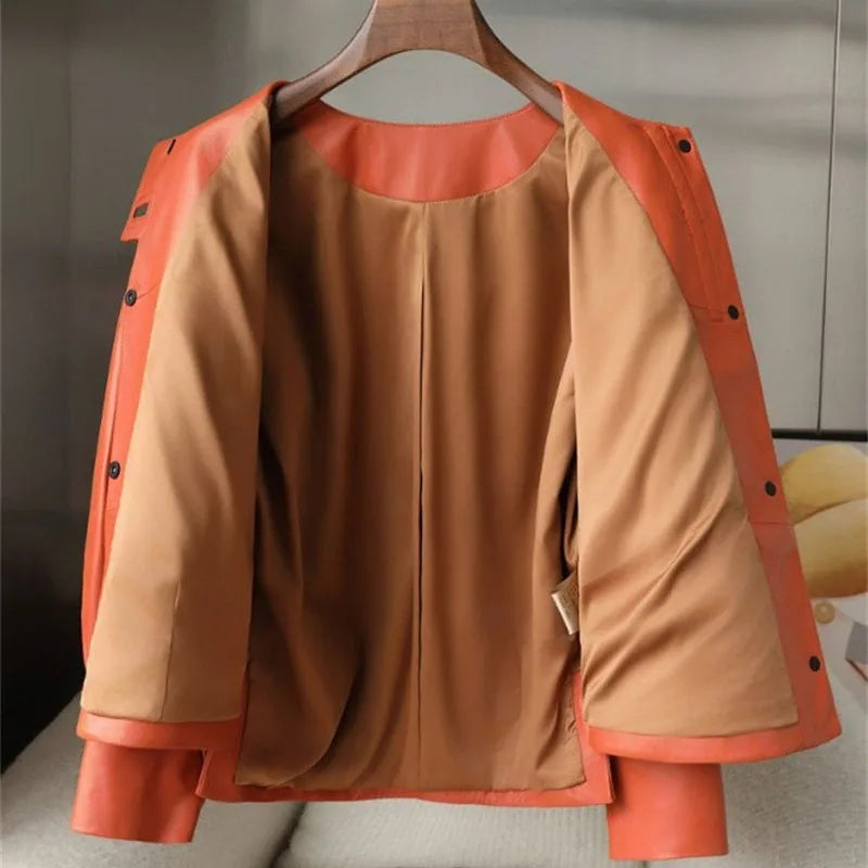 Orange Black Leather Jacket Spring Autumn Coat 2026 New Women's Leather Coat Round Neck Lantern Sleeves PU Leather Outerwear