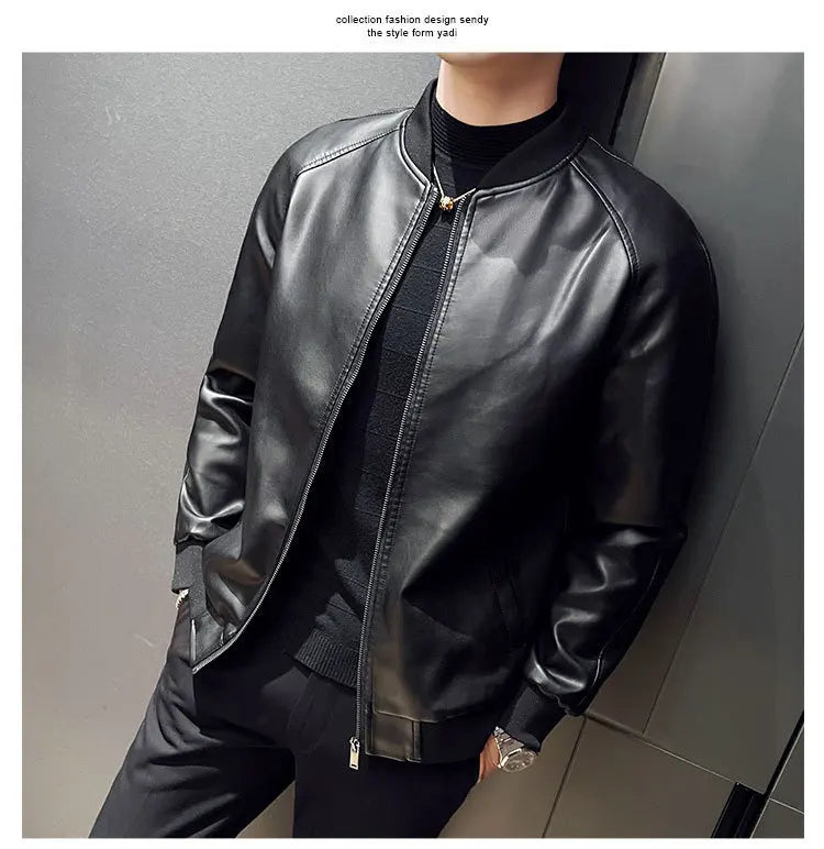 New Men's Faux Leather Jacket Motorcycle Biker Coat Stand Collar Zipper Slim Fit Casual Streetwear Outerwear