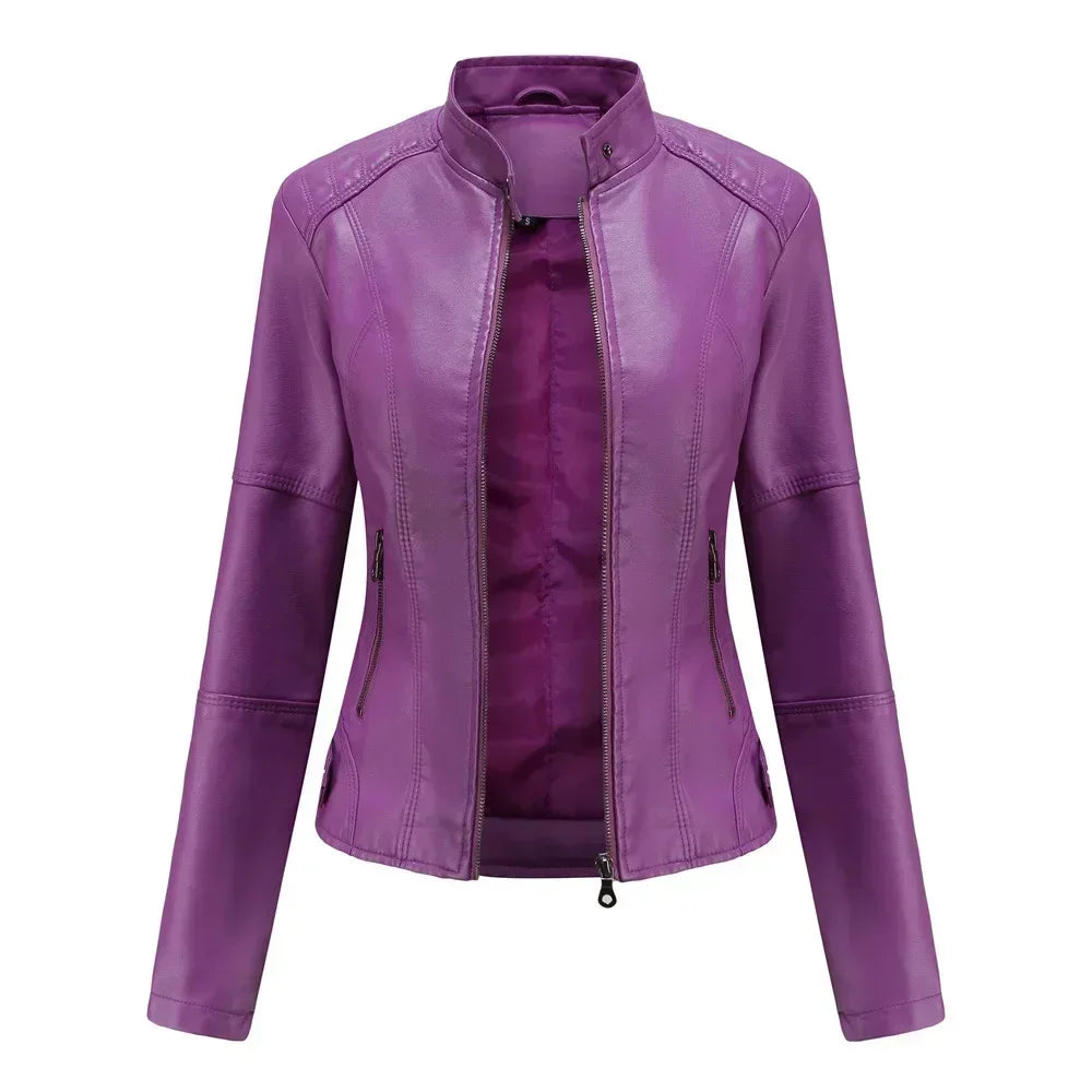 Faux Leather Jacket Women 2026 Autumn Spring Women's Moto Biker Jacket Red Black Coat Brown Purple Blue 3xl 4xl Coffee XS Beige