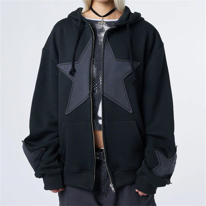 Women's Graphic Hoodie Y2k Zip Up Hoodies Star Patchwork Oversized Sweatshirt with Drawstring Aesthetic Pullover with Hood Shirt
