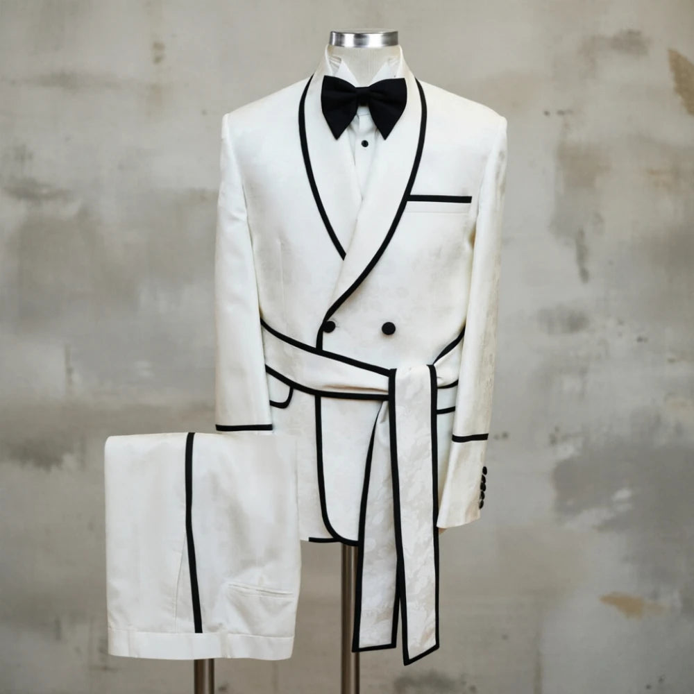 White Wedding Tuxedo Double Breasted for Men Black Piping Groom Suit with Belt Slim Fit Formal Prom Party Blazer with Pants