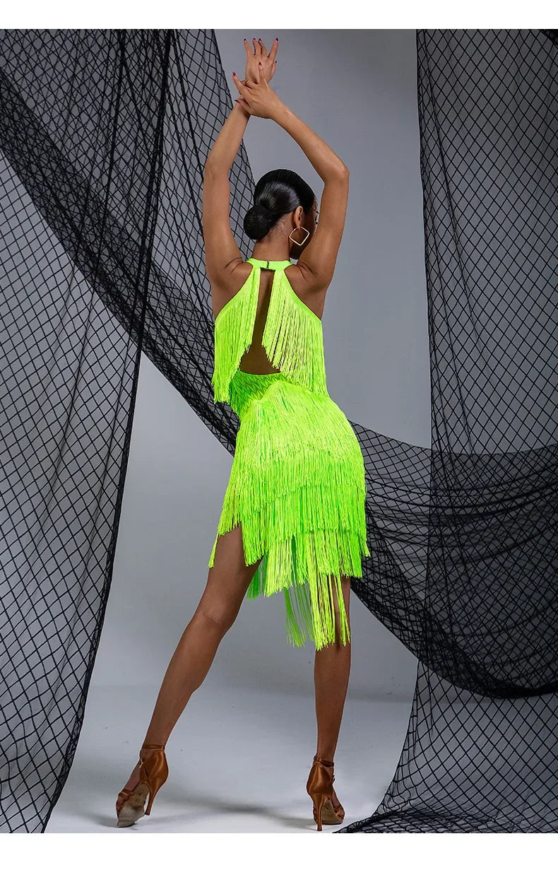 Women Backless Fringe Sexy Black Dress Cha Cha Rumba Samba Tango Dance Costume Prom Wear Latin Dance Copetition Dress