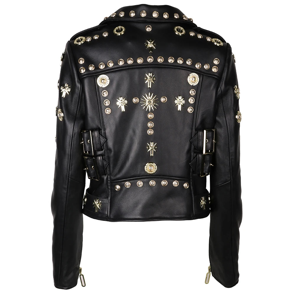 Women Stylish Gold Rivet Real Leather Jacket High Glossy Genuine Leather Asymmetrical Zip Biker Jacket