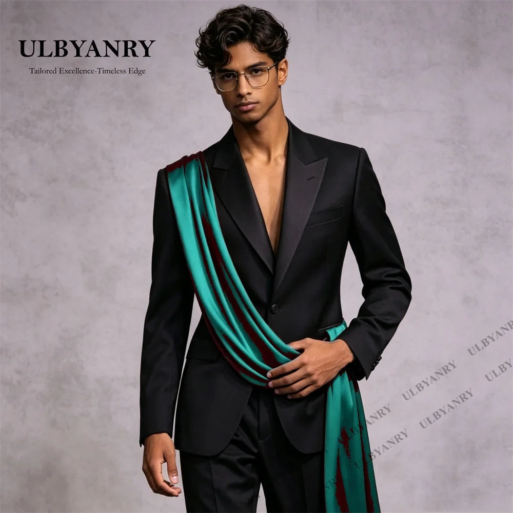 ULBYANRY Customized Satin Ribbon  Men's Black Suit Set, Jacket Pants Formal Events Suit, XXS-7XL Plus Size Tall Big Man Suits