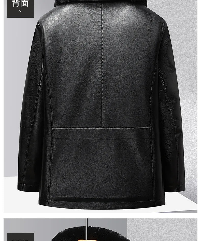 Leather Jacket Men Winter Jacket Men Medium Length Plush Thickened Leather Coat for Men Fur Collar Windbreaker for The Elderly