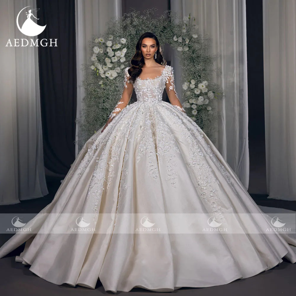 Aedmgh Ball Gown Royal Wedding Dresses For Women Scalloped Vestido De Novia Lace Appliques Matte Satin Custom Made Bridal Gowns