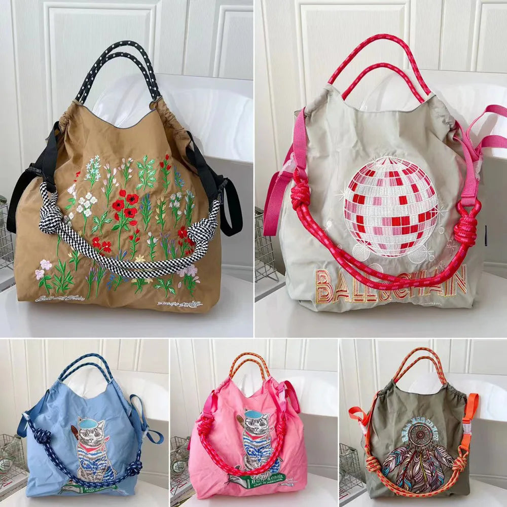 Large Medium Embroidered Shopping Bag, Casual Handheld Simple Large Capacity Shoulder Bag Shoulder Straps Included