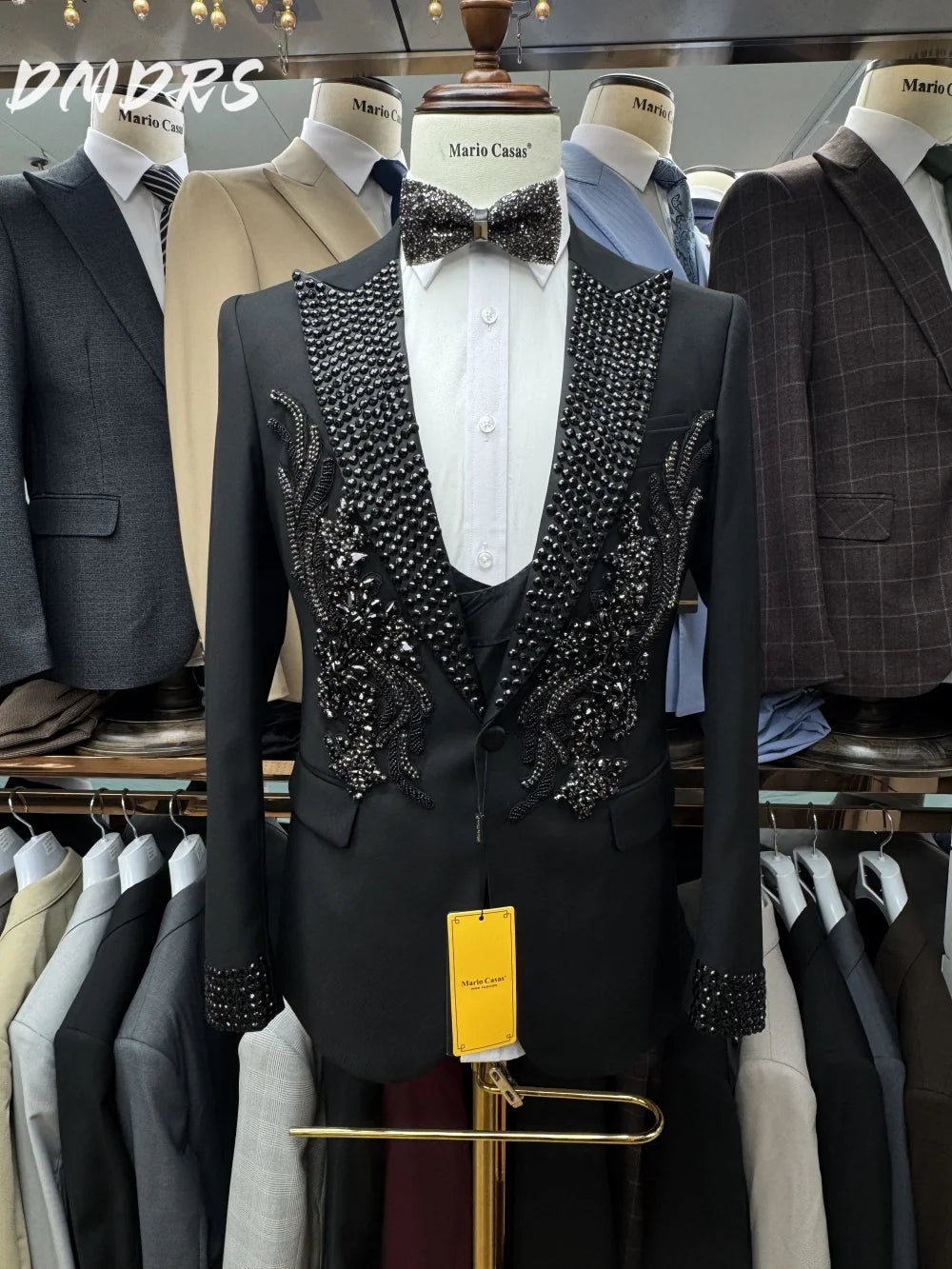 Formal Diamond Luxury Suit Set For Men Elegant Single Breasted Tuxedo Set Classic Blazer Vest Pants Crystals Men's Suits