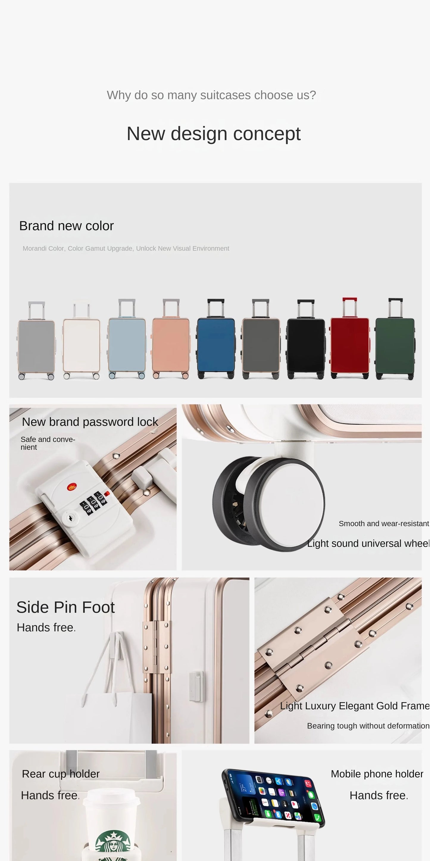 Gilding Aluminum Frame Suitcase Thickened PC Multifunctional 20 inch Boarding box Morandi Color Series 24/ 26 inch Trolley Case