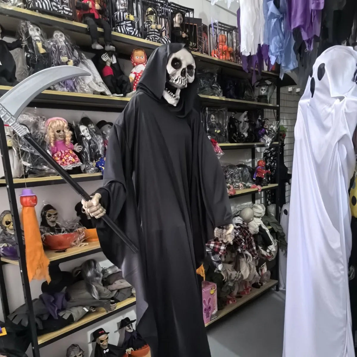 Costume Halloween Cosplay Skeleton Mask Hooded Robe Ghost Cloak Long Shirt For Escape Room Haunted House NPC