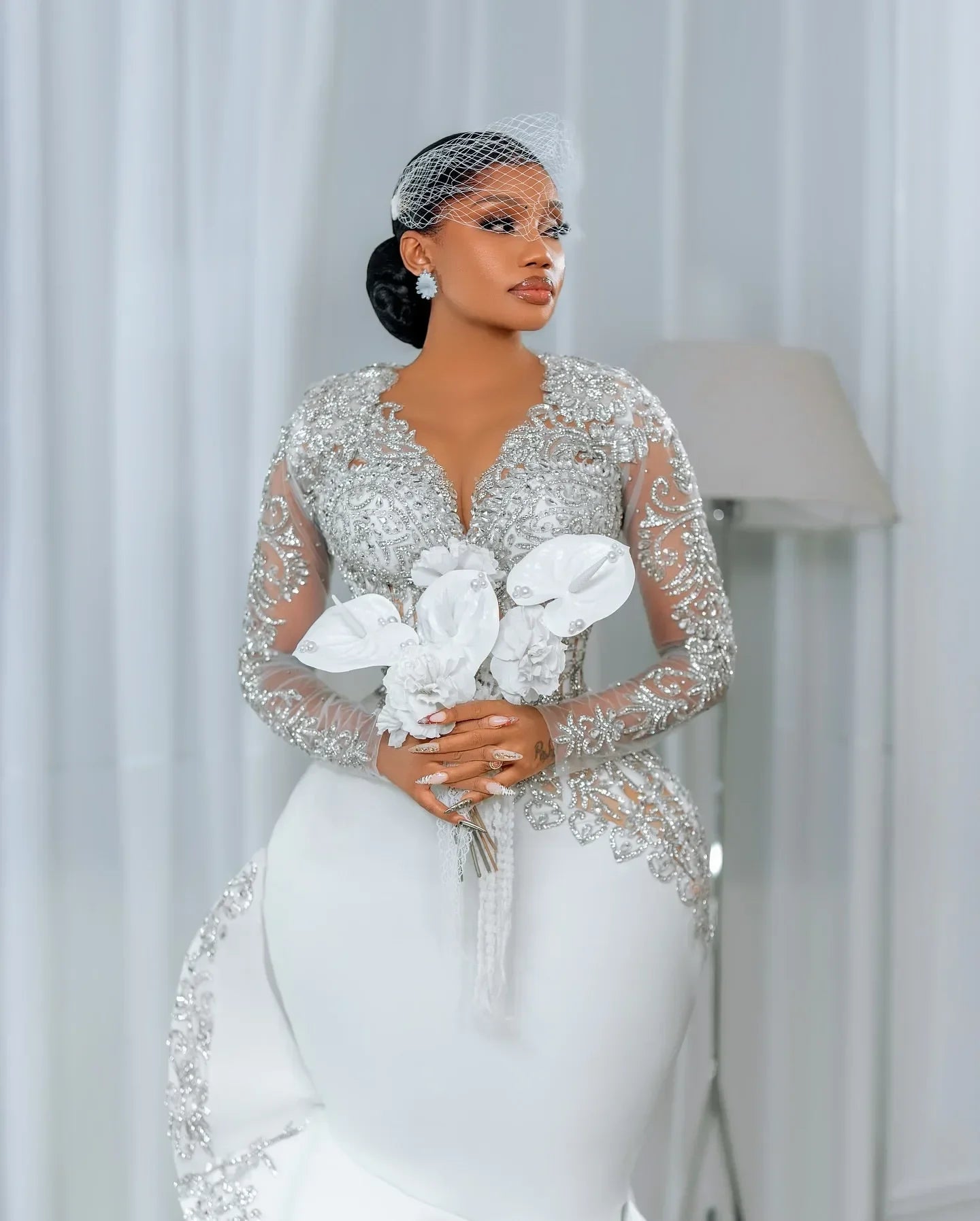 Elegant African Long Sleeve Short Wedding Dress Lace Beaded Mermaid Bridal Gown Black Women's Birthday Party Dress