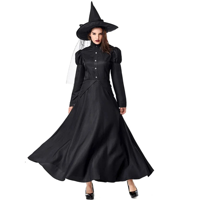 Halloween Wizard Cosplay Costume Kids Adult Halloween Women Deluxe Wicked Witch Costume Black Full Length Dress