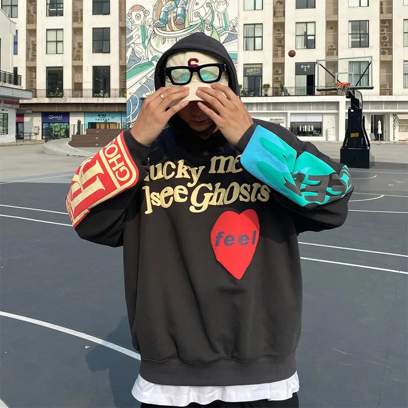Harajuku Weirdo Graffiti Letter Printed Hoodies Men 2025 Lucky Me I See Ghosts Mens Hooded Sweatshirt Fleece Pullover Streetwear