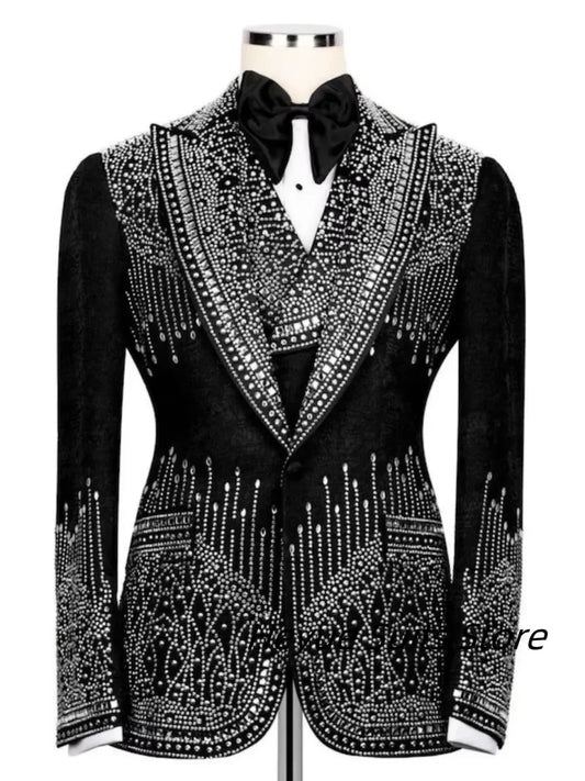Gorgeous Crystal Bead Handsome Men Suits 3 Pcs Sets Customzied Slim Fit Peak Lapel Groom Wedding Tuxedos Prom trajes para hombre
