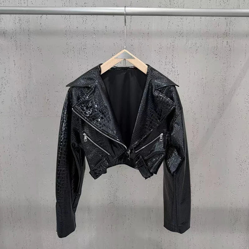 KUCLUT 2026 Autumn New Fashion Shiny Pattern PU Leather Motorcycle Style Short Jacket For Women Suit Collar Zipper Coat 1A4441