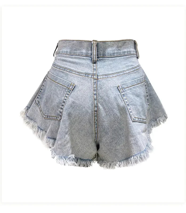 Wide Leg Shorts Women Y2k Denim Frayed Sexy Girls High Waist Hotsweet All-match Vintage Fashion Pockets European Style Females