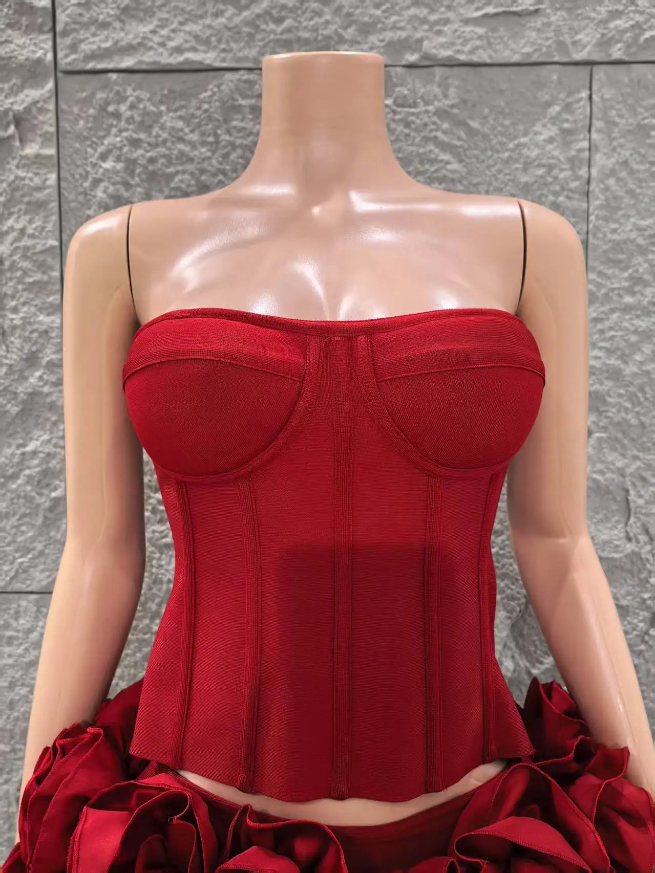 Red Color Women Sexy Strapless Full Florlas Bodycon Mini Bandage Dress 2 Pieces Set Celebrate Nightclub Party Birthday Wear