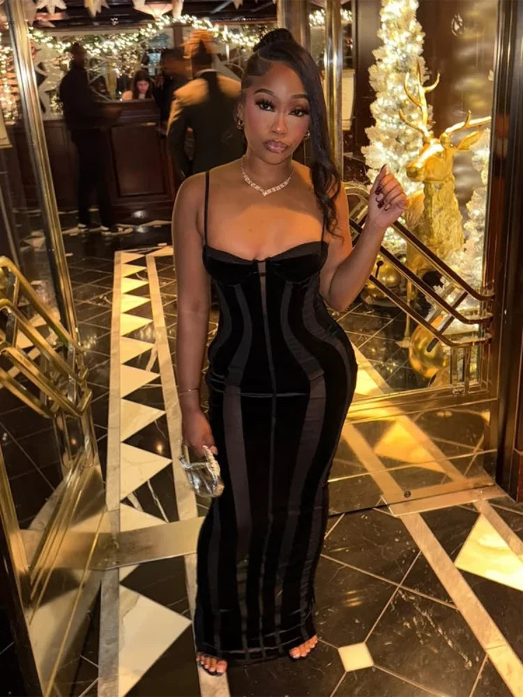 Women Black Velvet Sheer Maxi Dress Sexy Chic Mesh Patchwork Off-shoulder Waist Cinching Slim Maxi Dresses 2026 Club Party Gowns