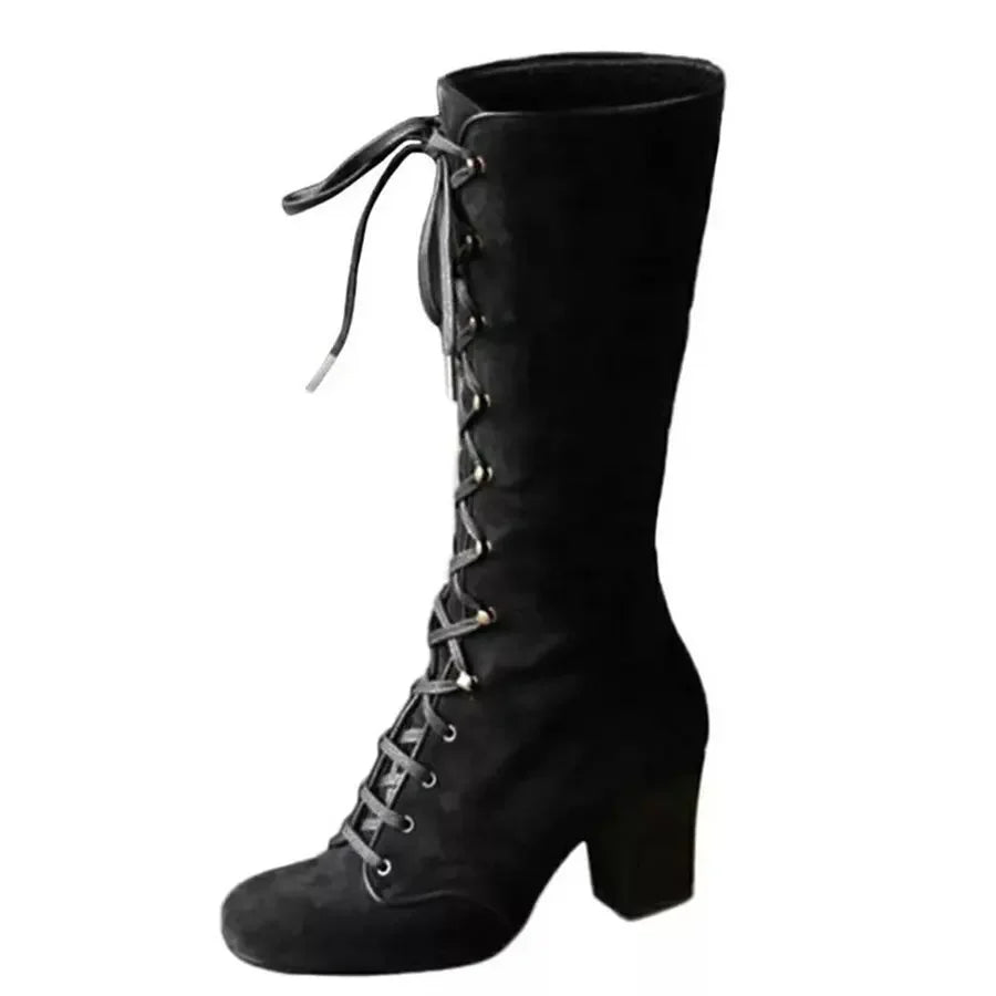 Winter Women Boots Shoes Fashion Vintage Lace-up Boots Women Round Cowboy High Heels Booties Shoes Woman Botas Mujer