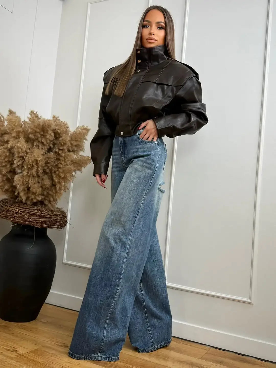 Black Faux Leather Stand Collar Zip Epaulet Cropped Jacket Long Sleeve Snap Button Pocket Coat 2026 Autumn Street Chic Coats New