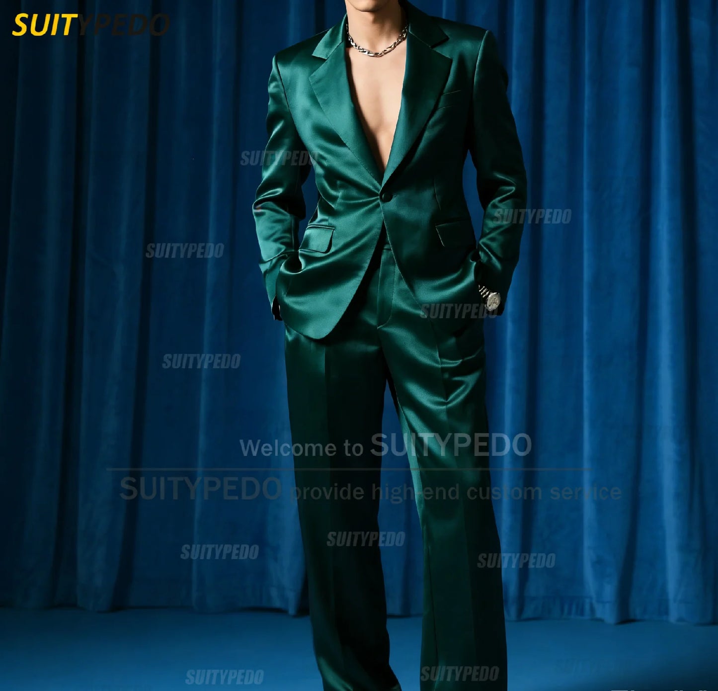 Fashion Royal Blue Satin Party Prom Men's Suit Sets 2 Pcs Blazer And Pants Brief Solid One Button Notch Lapel  Homme Costumes